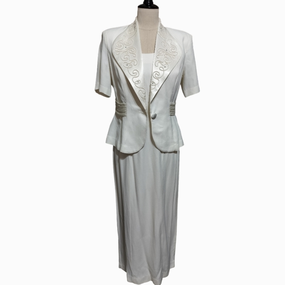 2162)Vintage SL Fashions 2 pcs Cream Satin Trimmed Jacket Dress Size 8